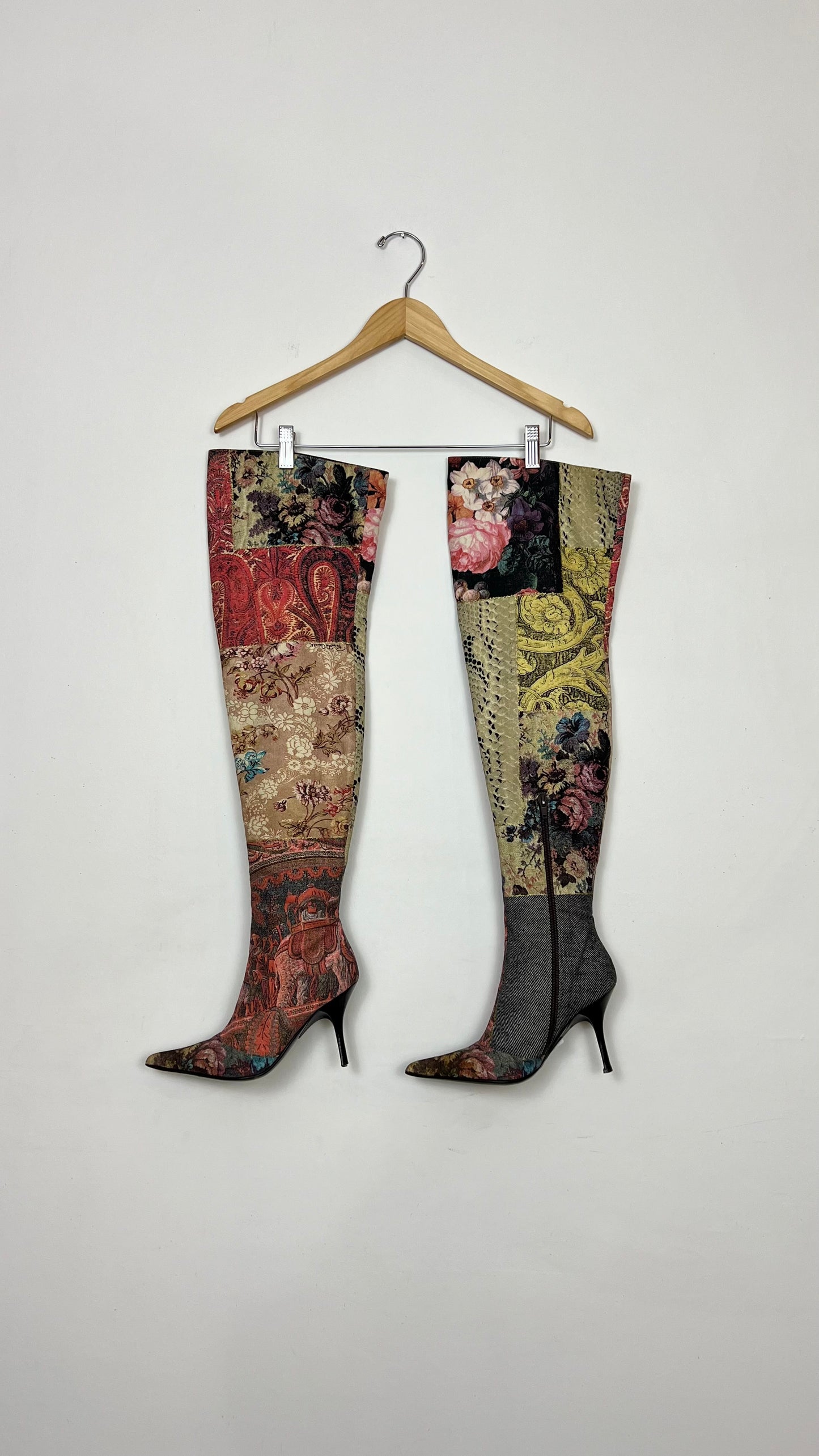 Roberto Cavalli Thigh-High Patchwork Stiletto Boots