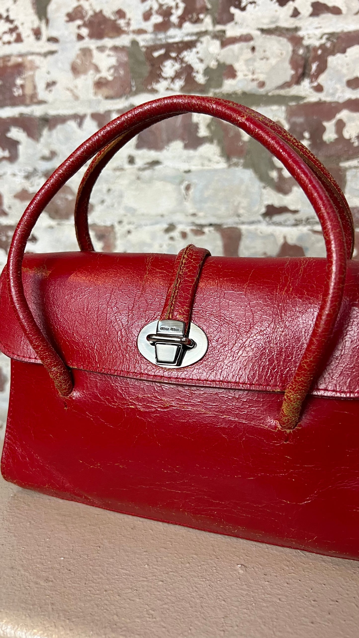 Miu Miu Red Cracked Leather Handbag