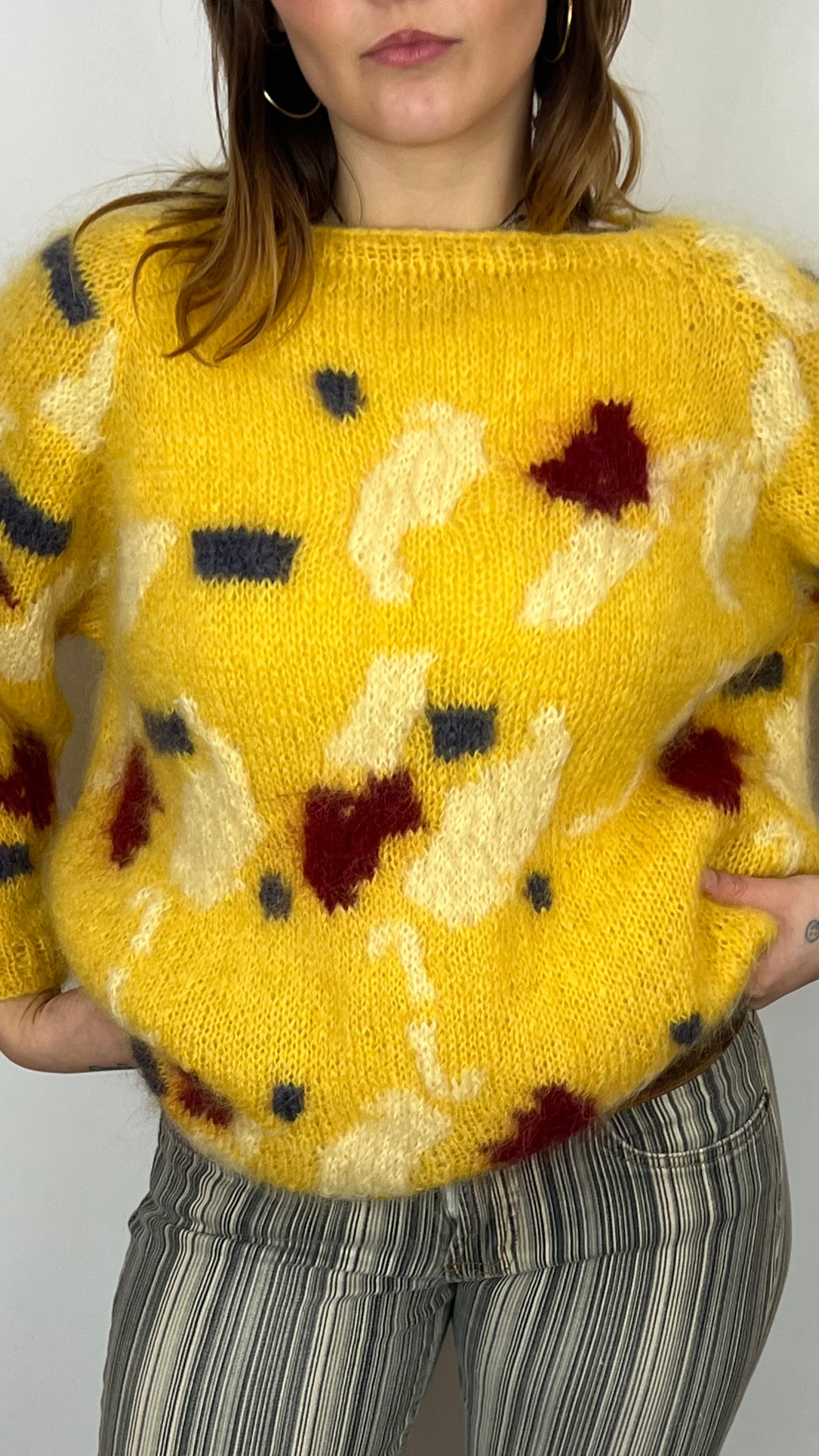 1980's Hand-Knit Abstract Fuzzy Marigold Mohair Sweater