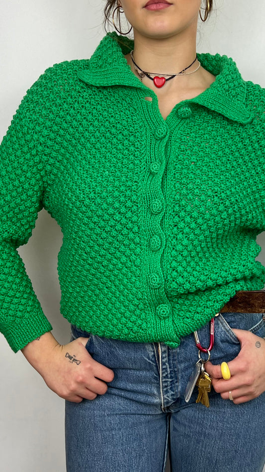1960's Hand-Knitted Green Wool Popcorn Cardigan