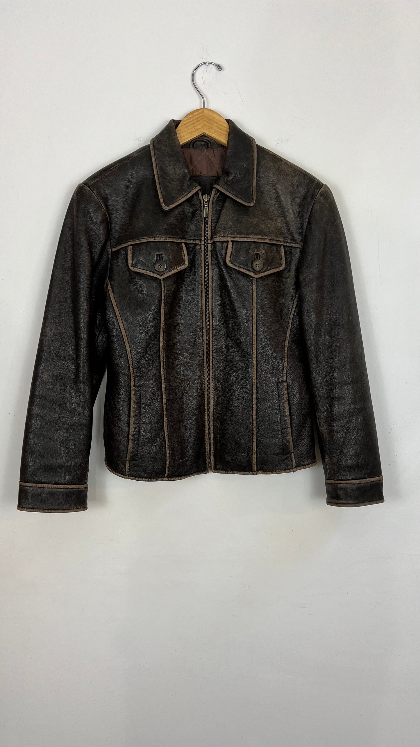 Distressed Brown leather Jacket with Quilted Lining