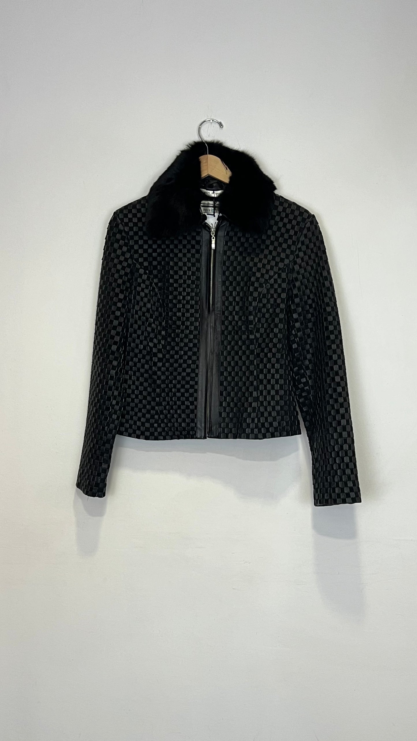 Black Woven Leather Jacket w/ Removable Collar