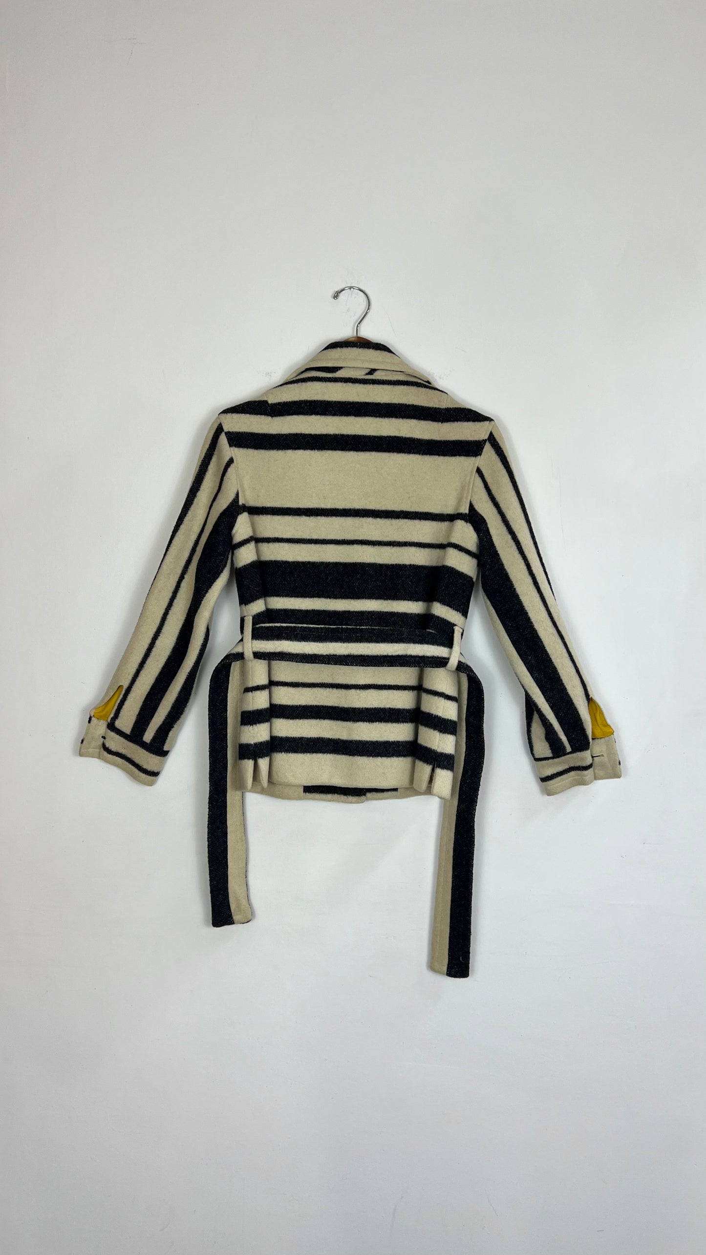 1970's Evan Picone White + Black Stripe Belted Blanket Jacket